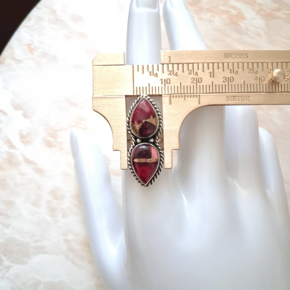 Artisan Handmade Red Rose Dahlia Turquoise 925 Sterling Silver Ring 8 1/2 - Picture 6 of 7